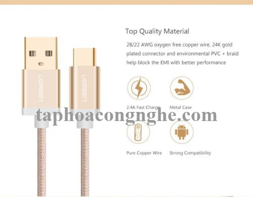 Ugreen 20859 0.5M màu Vàng Dây USB 2.0 sang Type-C đầu nhôm dây bọc vinyl US174 30020859